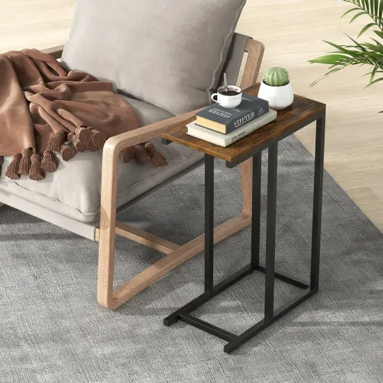 Black Metal C-Shaped Side Table with Sturdy Frame and Space-Saving Design Rustic Brown {2}