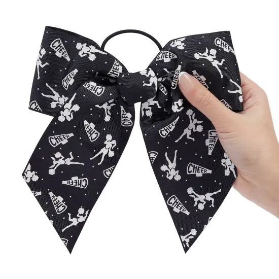 20 Pack 8 Inch Cheer Bows for Cheerleaders, Elastic Ponytail Holders for Women and Girls, Large Bulk Polyester Hair Ribbons for Softball, Volleyball, Gymnastics (2 Designs, Black) {7}