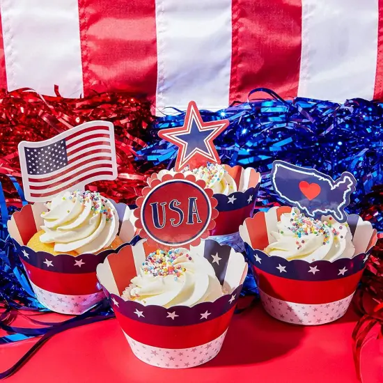 Cupcake Toppers and American USA Patriotic Cupcake Wrappers (102 Pieces) Red {5}