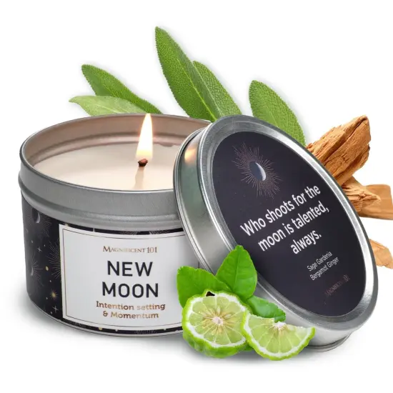 Magnificent 101 Long Lasting New Moon Aromatherapy Tin Candle | 6 Oz - 35 Hour Burn | Made of Natural Soy Wax for House Energy Cleansing, Momentum & Manifestation Multicolor {1}