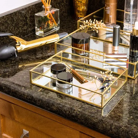 Set of 3 Gold Mirror Vanity Tray for Perfume, Makeup Display, Decorative Rectangle Glass Jewelry Organizer for Bathroom, Dresser (3 Sizes) {4}