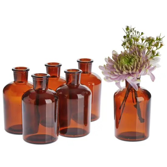 Small Amber Vases for Centerpieces, Brown Glass Vase Bottles for Stems, Flower Buds, Apothecary Style Home Decor (2.8x5 in), 6-Pack {7}