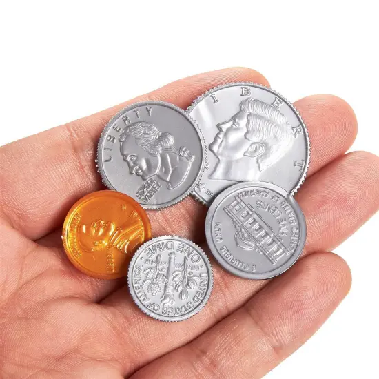Pack of 250 Play Coin Set - Includes 10 Half-Dollars, 40 Quarters, 50 Dimes, 50 Nickels, 100 Pennies Fake Plastic Coins - Pretend Money - Great Teaching Tool, Prop, Kids Toy, 0.98 Inches in Diameter Silver {3}