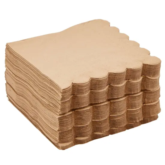 100 Pack Brown Paper Napkins with Scalloped Edges - 2-ply Disposable Cocktail Napkins for Wedding, Birthday Party (5x5 In) {6}