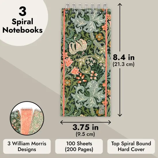 3 Pack Top Bound Spiral Notebooks, Hard Cover Skinny Notepads, William Morris Inspired (100 Sheets/200 Pages, 8.4x3.75) Multicolor {4}
