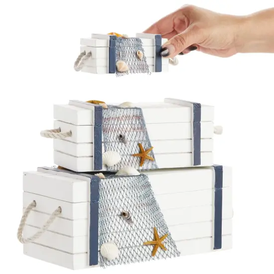 Nautical Box Set, Beach Theme Wooden Jewelry Boxes for Ocean Decor (3 Sizes) Grey {5}