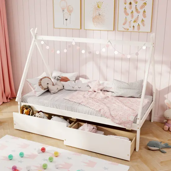 Wooden House Bed with Storage Drawers and DIY Playhouse Design for Kids White {2}