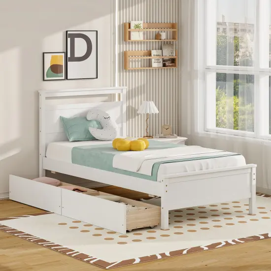 Wooden Twin Bed Frame with Storage Drawers Chic Headboard and Footboard White {2}