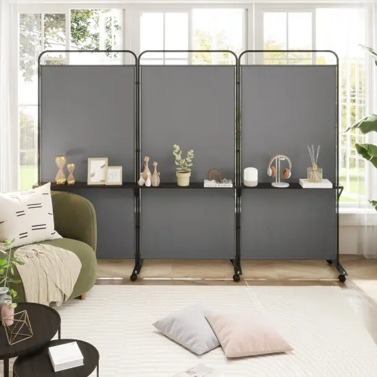 3-Panel Folding Room Divider with 3 Metal Shelves and Lockable Wheels Grey {1}