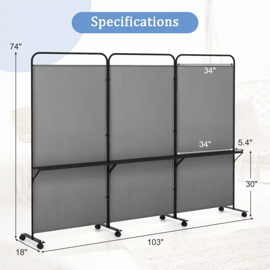 3-Panel Folding Room Divider with 3 Metal Shelves and Lockable Wheels Grey {5}