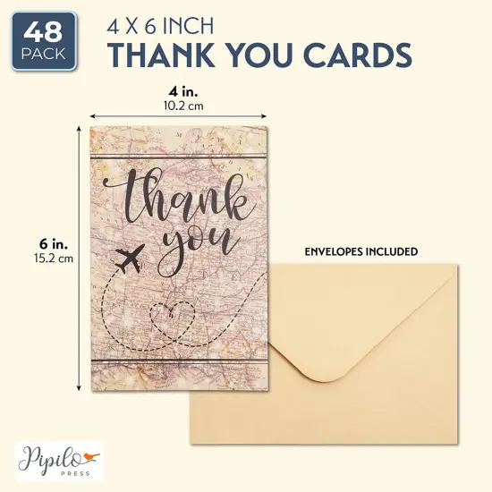 48 Pack Travel Thank You Cards with Envelopes, 4x6 Notecards with Airplane, Map, and Adventure Design (Brown) {2}