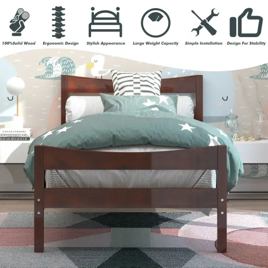 Pine Wood Twin Platform Bed with Headboard Footboard Under-bed Storage and Sturdy Slat Support Walnut {3}