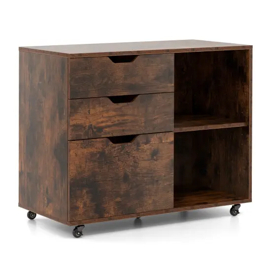 Modern Mobile File Storage Cabinet with Large Tabletop 3 Drawers and Smooth Rolling Wheels Rustic Brown {1}