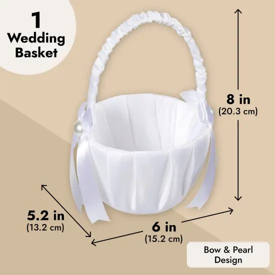 White Flower Girl Basket with Satin Bowknot & Pearl Design 8 x 5.2 x 6 Inch, Flower Petal Basket Ideal for Wedding Party, Elegant Ceremony Accessories, For Ages 3-4 {4}