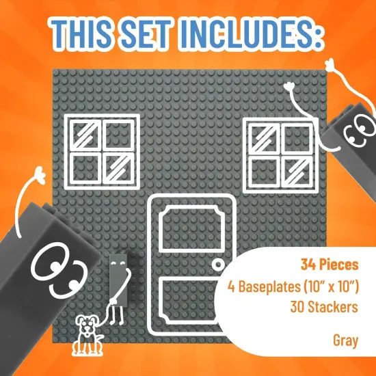 Strictly Briks Large Classic Stackable Baseplates, Building Bricks For Towers, Shelves, and More, 100% Compatible with All Major Brands, Gray, 4 Base Plates & 30 Stackers, 10x10 Inches, Ages 3-14 Grey {3}