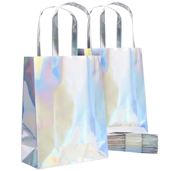 20 Pack Holographic Foil Paper Gift Bags with Handles, Reusable Iridescent Gift Bags for Baby Shower, Birthday, Wedding, Party Favors, Goodies, Boutique (7 x 9 x 3.1 In) Silver {1}