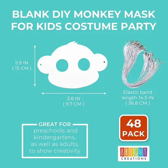 Bright Creations 3.8" x 5.9" Blank DIY Paper Monkey Mask with Elastic Band for Kids Costume Party (48 Pack, White) {2}