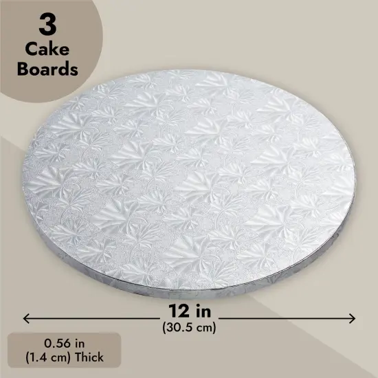 3-Pack 12-Inch Cake Boards for Wedding, Baking, Cake Decorating Supplies, Silver Foil Corrugated Cardboard for Multi-Layer Cakes, Sturdy Base for Treats and Pizza {3}