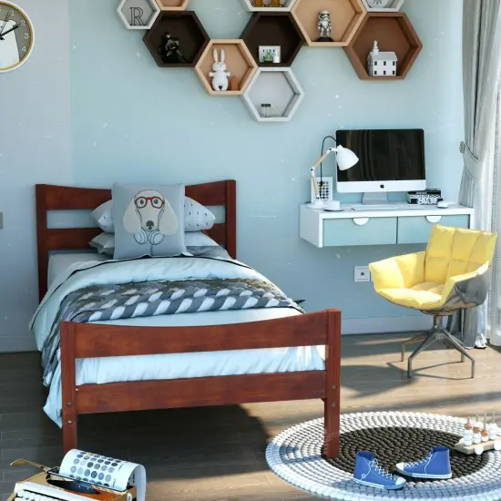 Pine Wood Twin Platform Bed with Headboard Footboard Under-bed Storage and Sturdy Slat Support Walnut {2}