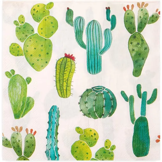 Succulent Cactus Paper Napkins for Fiesta Birthday Party (6.5 In, 100 Pack) White {5}