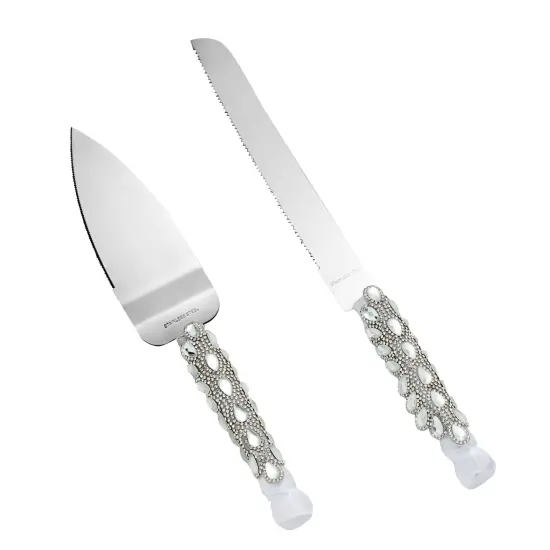 Stainless Steel Wedding Cake Knife and Server Set for Cake Cutting Ceremony, Embellished with Faux Crystals, Diamonds, Ribbon Silver {1}