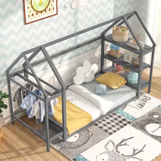 Twin Size Montessori Floor House Bed with Detachable Storage Shelves Grey {5}