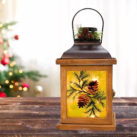 Stony Creek 10.5 Inch Whispering Pines Pre-Lit Lantern Thanksgiving Lighted Glass Accent , Christmas Decor Pine Cones Greenery Multicolored {4}