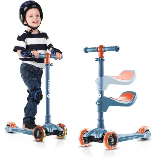 LaScoota 2-in-1 Kids Kick Scooter, Adjustable Height Handlebars and Removable Seat, 3 LED Lighted Wheels and Anti-Slip Deck, for Boys & Girls Aged 3-14 and up to 100 lbs, Sit and Scoot Fun Blue {2}