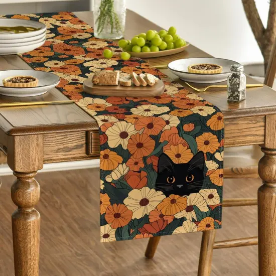 Black Cat Sunflower Daisy Spring Table Runner, Seasonal Summer Kitchen Dining Table Decoration for Home Party Decor 13x48 Inch {2}