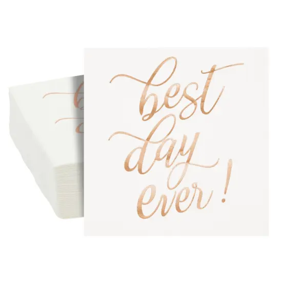 50-Pack Best Day Ever Napkins - Disposable Napkins for Wedding Reception, Bridal Shower, Engagement Party (Rose Gold, 5x5 In) White {1}