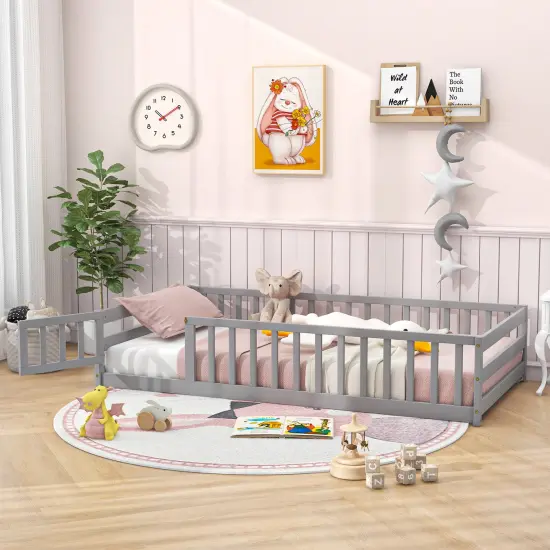 Twin Size Wooden Montessori Floor Bed with with Lockable Door and Fence Perfect for Kids Room Grey {1}