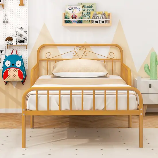 Twin Size Metal Bed Frame with Headboard Included Safety Side Guardrails Gold {6}