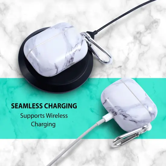 Marble Case Compatible with Airpods Pro, Glossy Soft TPU Protective Smooth Cover with Portable Keychain, Supports Wireless Charging, Shockproof & Anti-Scratch, Shinny White Marble by Insten {3}