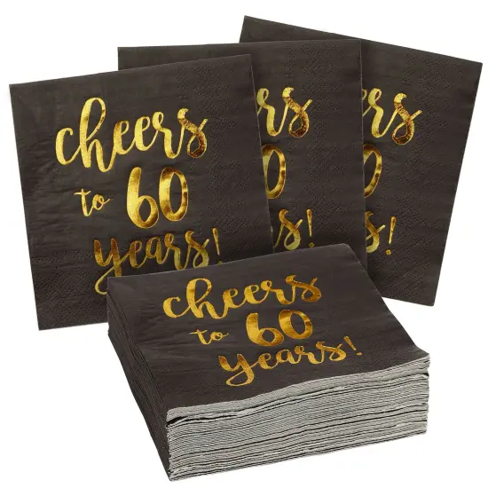 50 Pack Cheers to 60 Years Cocktail Napkins for 60th Birthday, Anniversary Party Supplies, 3-Ply, Black and Gold Foil (5 x 5 In) {1}