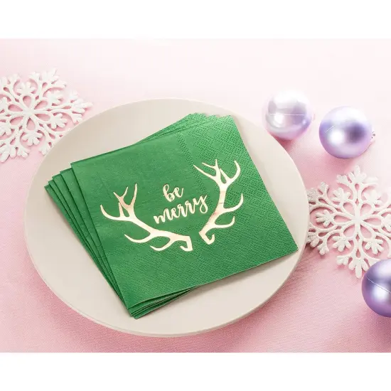 50 ct Antlers Luncheon Paper Napkins for Christmas Holiday Party Supplies & Xmas Table Decorations, Green, 6.5 in {3}