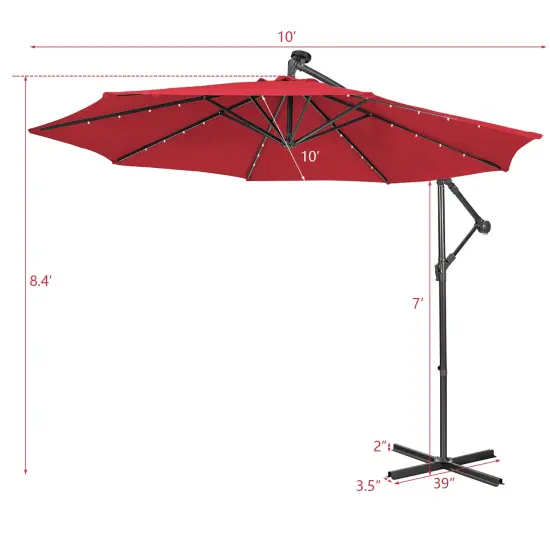 Costway 10FT Cantilever Solar Powered 32LED Lighted Patio Offset Umbrella Outdoor Red\Beige\Coffee\Blue\Navy {3}