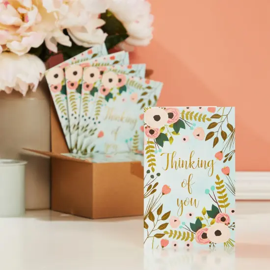 48 Pack Thinking of You Cards Bulk with Brown Envelopes, Gold Foil and Floral Design (4x6 in) Blue {2}
