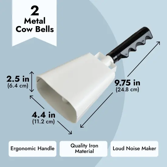 2 Pack 9.5-inch Cowbells for Sporting Events, Percussion Noise Makers with Handle for Football Games, Stadiums (White) {4}