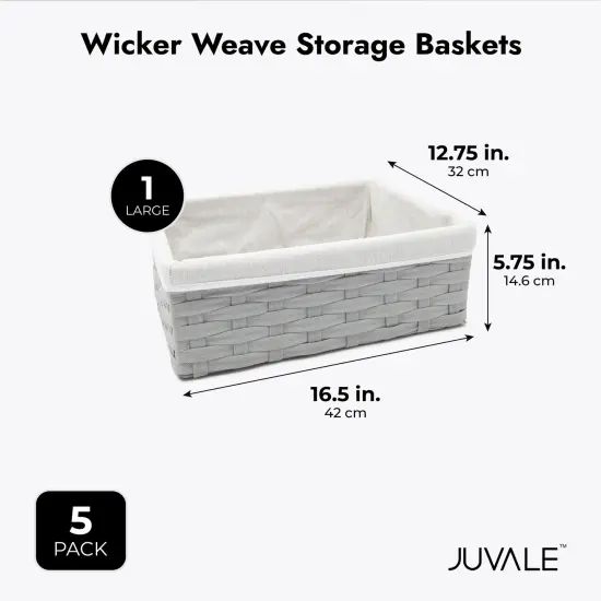 5 Pack Wicker Nesting Baskets with Cloth Lining for Pantry Shelves, Rectangular Storage Bins for Organizing Closet (Gray, 3 Sizes) Grey {7}