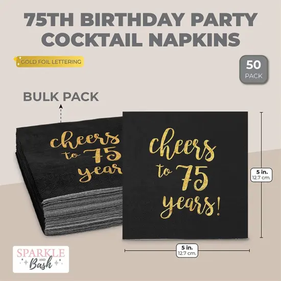 50 Pack Cheers to 75 Years Black and Gold Paper Cocktail Napkins for 75th Birthday Party Supplies, Table Decorations (5 x 5 in) {2}