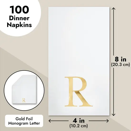 Sparkle and Bash 100 Pack Gold Foil Initial Letter R White Monogram Paper Napkins for Wedding Reception, Table Decorations (4 x 8 In) {3}