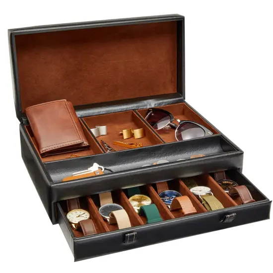 Faux Leather Mens Jewelry Box Organizer, Valet Tray for Watches (Black, 12.6 x 9 x 4 In) {1}