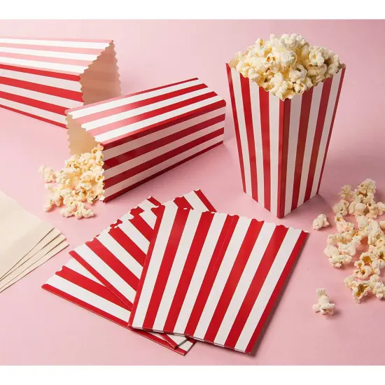 100-Pack of Large Paper Popcorn Favor Boxes, Red & White Candy Holder Containers for Movie Night Favors, Carnival Circus Party Supplies Decorations, (3.7x7.8 In) {3}
