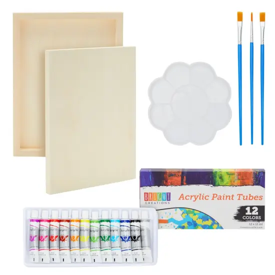 18 Pcs Set Canvas Painting Supplies Kit with 2 Wood Canvas Panel Art Boards 9x12 in, 12 Acrylic Paint Tubes, 3 Brushes and 1 Palette Multicolor {1}