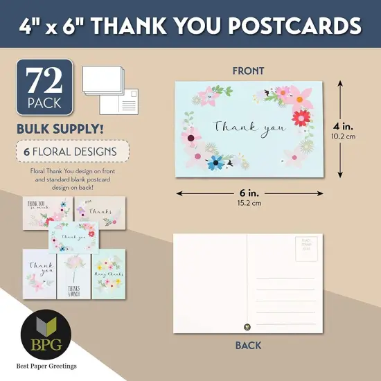 72 Pack Thank You Postcards, Floral Note Cards for Wedding, Bridal Shower, Baby Shower, 4x6 in Multicolor {2}