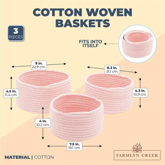Farmlyn Creek 3-Pack Cotton Woven Baskets for Storage, Pink Rope Montessori Organizer Set for Storing Toys, Household Items, Supplies ( 3 Sizes in Small, Medium and Large) {2}