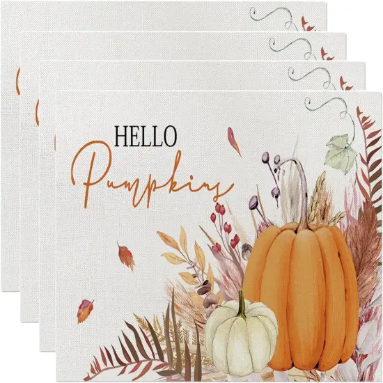 Set of 4 Orange Hello Pumpkin Leaves Placemats - 12 x 18 Inch {1}