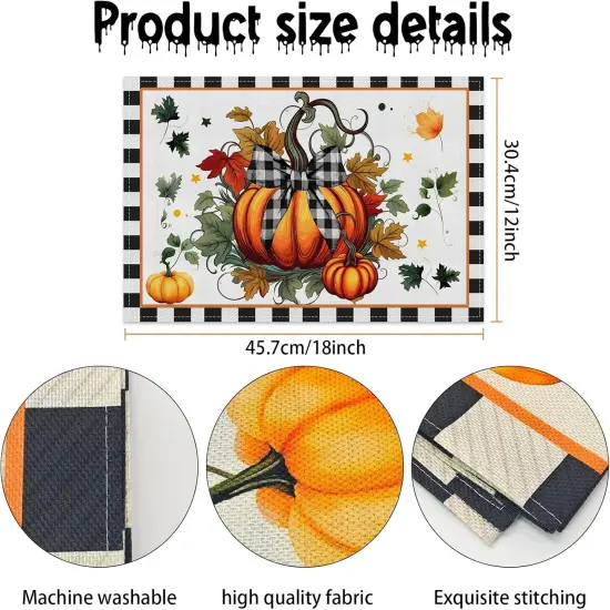 Set of 4 Linen Pumpkins Leaves Placemats - 12x18 Inches {2}