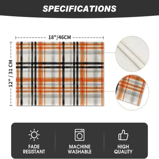 Set of 4 Orange and Black Buffalo Plaid Fall Placemats - 12x18 Inch {5}