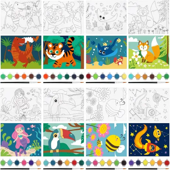 8 Packs Predrawn Canvas for Painting Kids Paint Canvas for Kids, 48 Paints, 8 Brushes 2 Easels, 8 6x8 Printed Canvas {3}